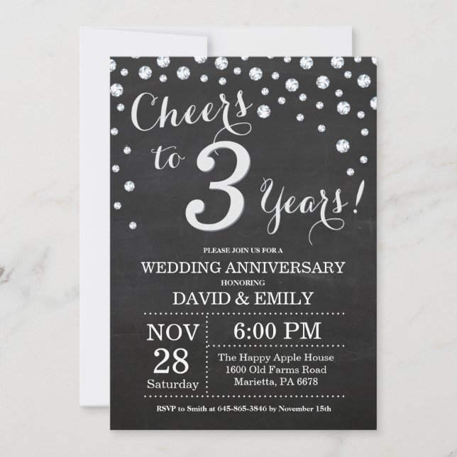 3rd Wedding Anniversary Chalkboard Black Silver Invitation (Front)