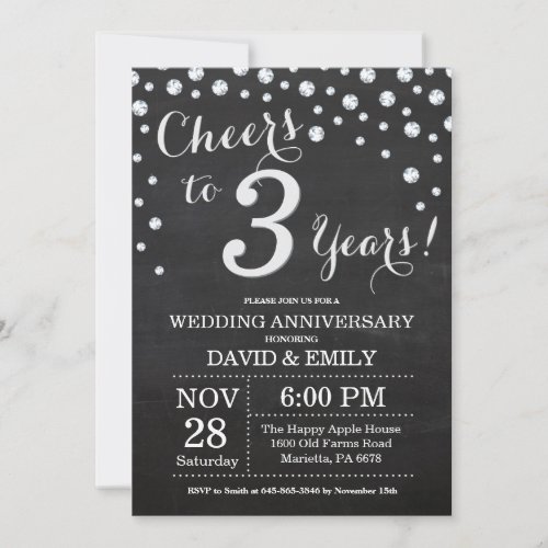 3rd Wedding Anniversary Chalkboard Black Silver Invitation