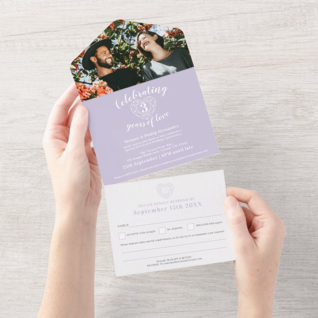 3rd wedding anniversary crystal purple RSVP photo All In One Invitation (Tearaway)