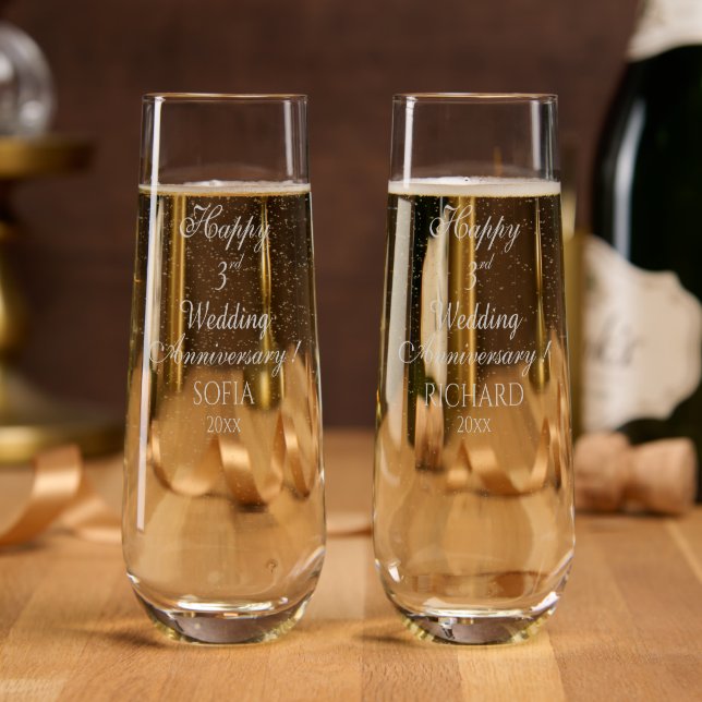 3rd Wedding Anniversary Elegant Script Stemless Champagne Flute (Party)
