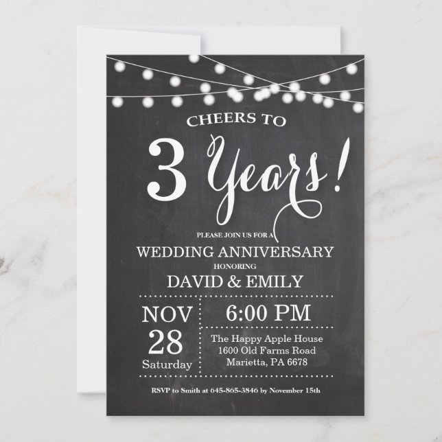 3rd Wedding Anniversary Invitation Chalkboard (Front)