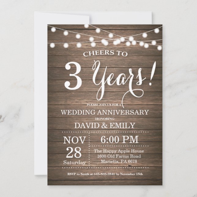 3rd Wedding Anniversary Invitation Rustic Wood (Front)