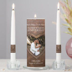 3rd wedding anniversary leather brown heart photo unity candle set