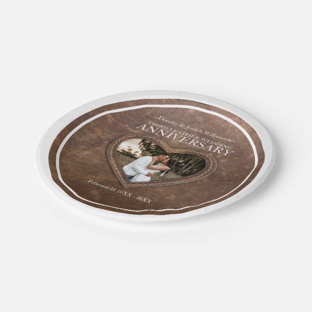 3rd Wedding Anniversary Leather heart  Paper Plates (Angled)