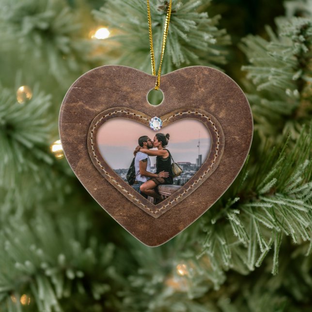 3rd Wedding Anniversary Leather heart photo Ceramic Ornament (Tree)