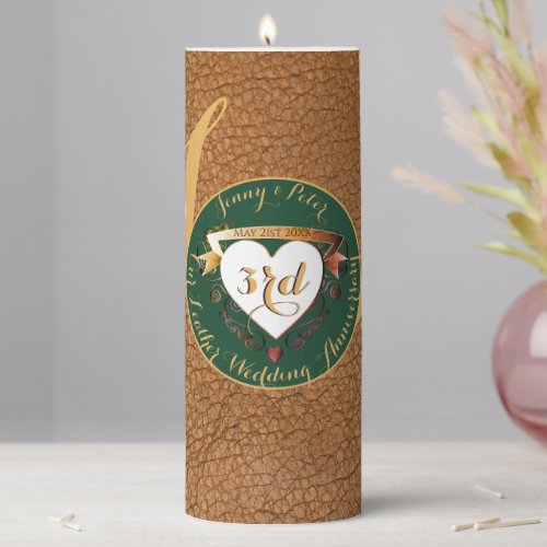 3rd Wedding Anniversary Leather Image Pillar Candle