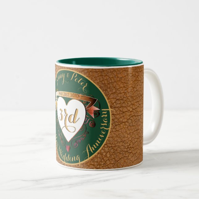 3rd Wedding Anniversary Leather Two-Tone Coffee Mug (Front Right)