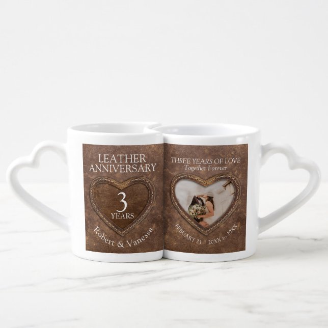 3rd wedding anniversary photo brown leather heart coffee mug set (Back Nesting)