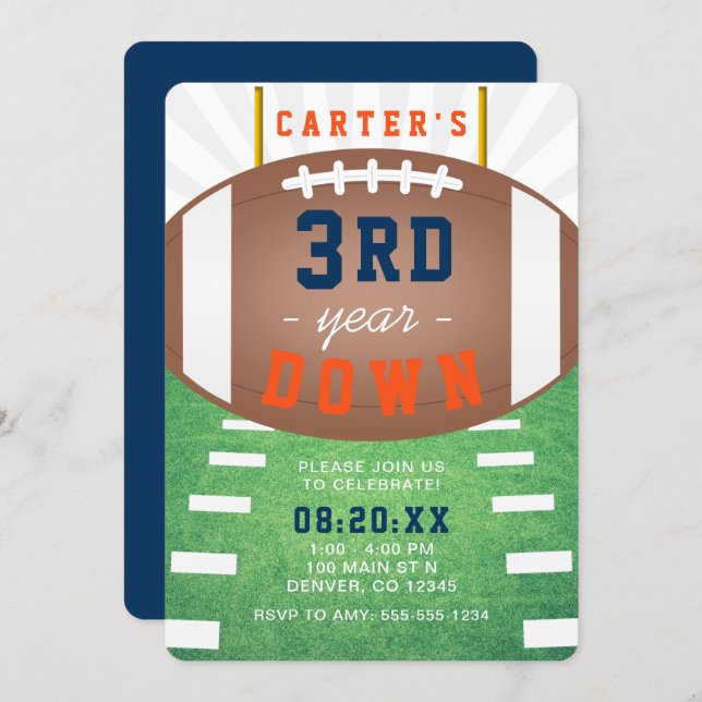 3rd Year Down Football Theme 3rd Birthday Invitation (Front/Back)