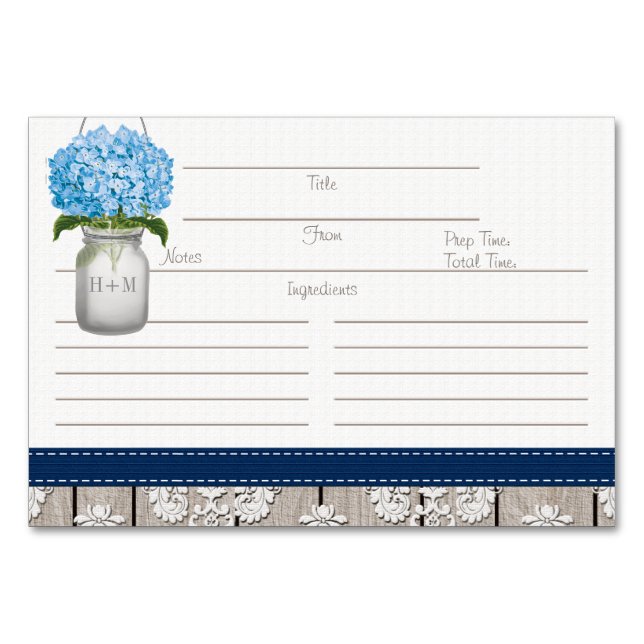 3x5 Blue Navy Hydrangea Mason Jar Recipe Cards (Front)