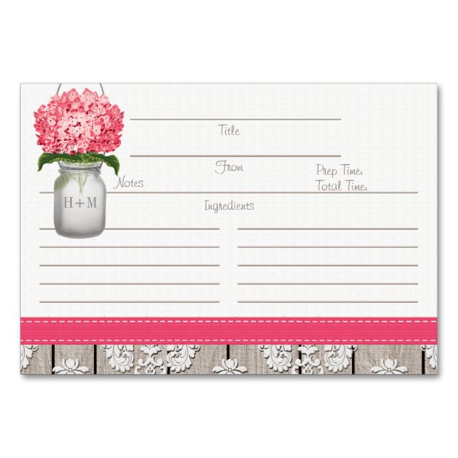 3x5 Bright Pink Hydrangea Mason Jar Recipe Cards (Front)