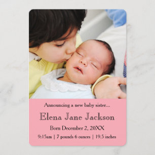 3x5 Brother Announcing Sister's Birth Pink Announcement