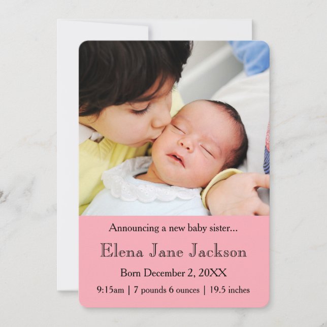 3x5 Brother Announcing Sister's Birth Pink Announcement (Front)