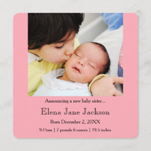 3x5 Brother Announcing Sister's Birth Pink Announcement