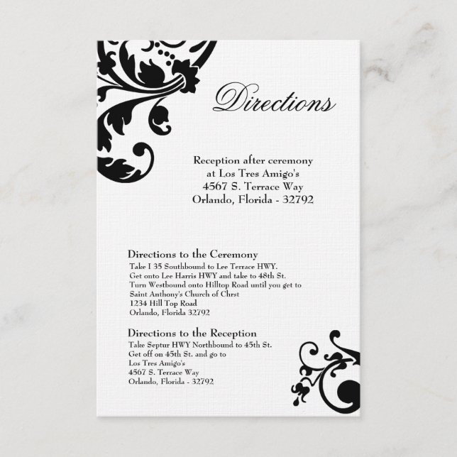3x5 Directions Card Black White Floral Filigree (Front)