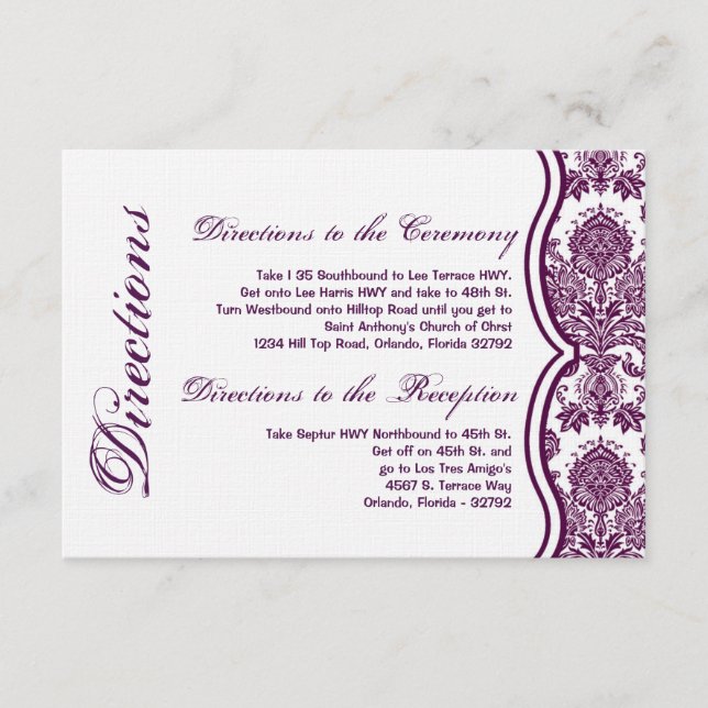3x5 Directions Card Plum Purple Damask Lace (Front)