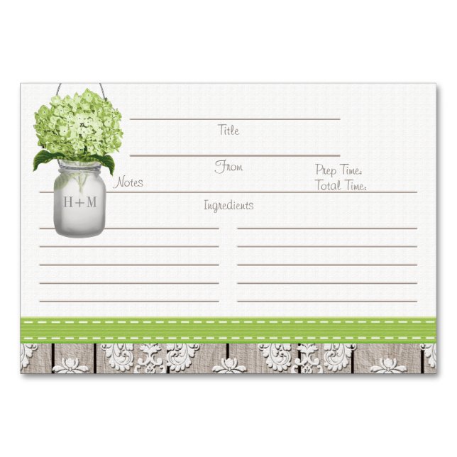 3x5 Green Hydrangea Mason Jar Recipe Cards (Front)