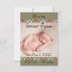 3x5 Newborn Baby Boy Plaid Announcement Simple