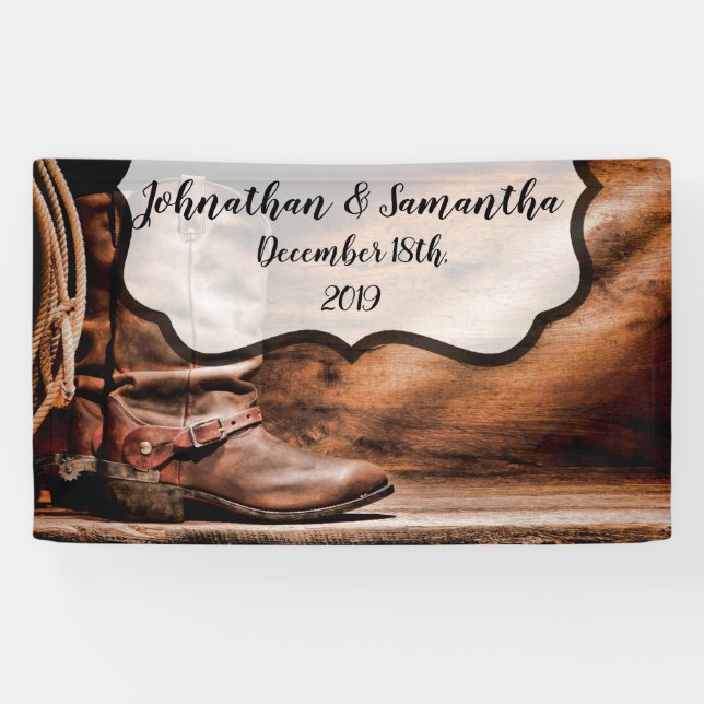 3'x5' Personalized Banner Cowboy Boots Barn Wood R (Horizontal)