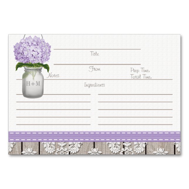3x5 Purple Hydrangea Mason Jar Recipe Cards (Front)