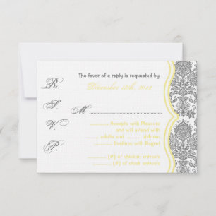 3x5 R.S.V.P. Reply Card Gray Yellow Damask Lace