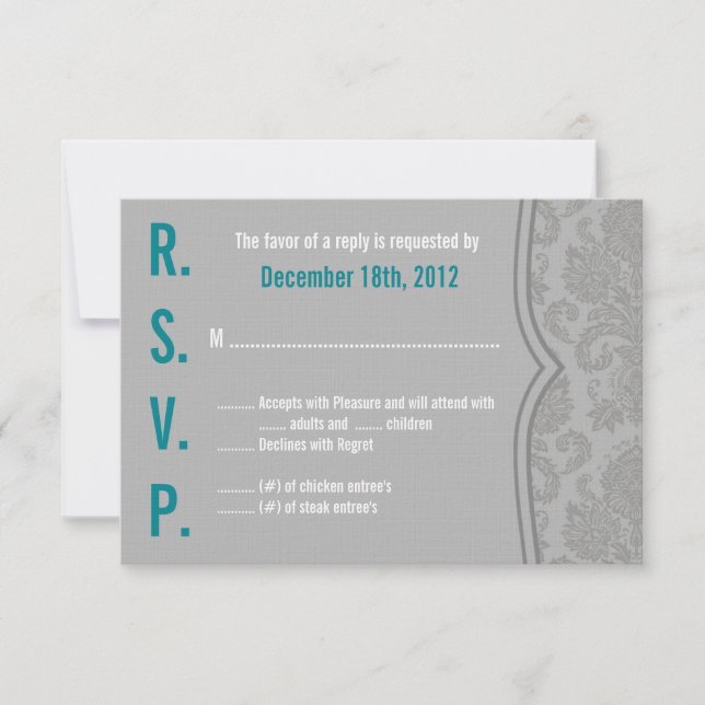 3x5 R.S.V.P. Reply Card Modern Gray Damask Lace (Front)