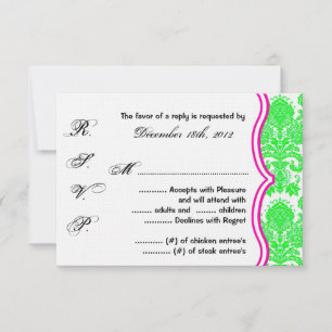 3x5 R.S.V.P. Reply Card Neon Green Pin Damask Lace