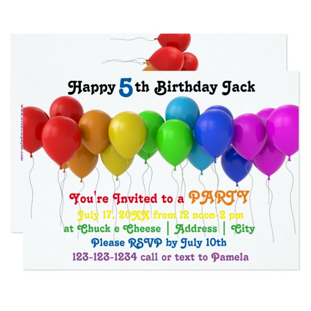 3x5 Rainbow Balloons Birthday Invitation