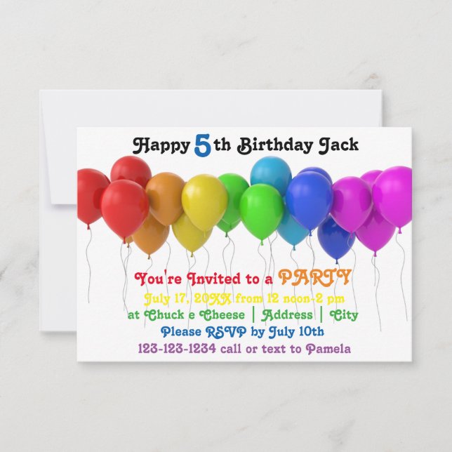 3x5 Rainbow Balloons Birthday Invitation (Front)
