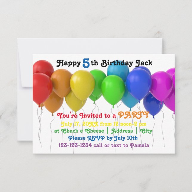 3x5 Rainbow Balloons Birthday Invitation (Front)