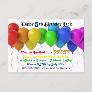 3x5 Rainbow Balloons Birthday Invitation