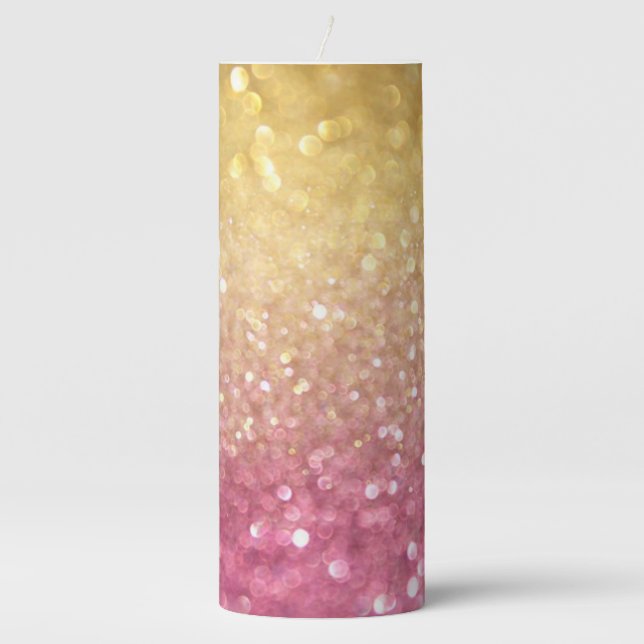 3x8 Pillar Candle - Gold and Pink Sparkle Glitter (Front)