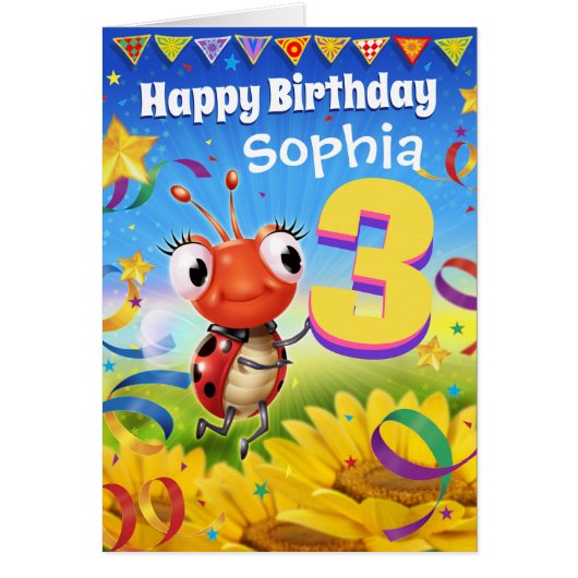 3yrs Custom birthday card Little Ladybug range (Front)