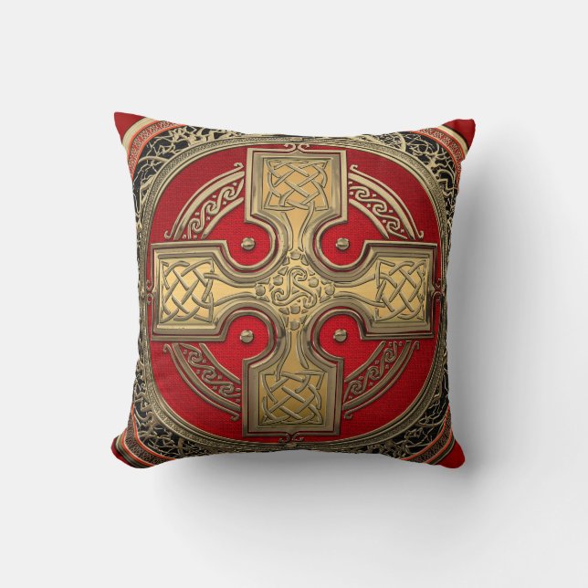 [400] Ancient Celtic Sacred Gold Knot Cross Throw Pillow (Front)