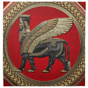 [400] Assyrian Winged Bull: Gold and Black Lamassu Cloth Napkin