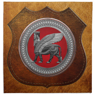 [400] Assyrian Winged Bull: Silver & Black Lamassu Cloth Napkin