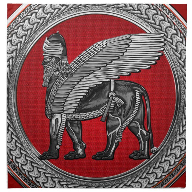 [400] Assyrian Winged Lion: Silver & Black Lamassu Cloth Napkin (Front)