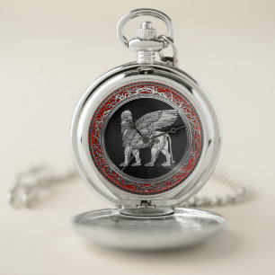 [400] Assyrian Winged Lion - Silver Lamassu Pocket Watch
