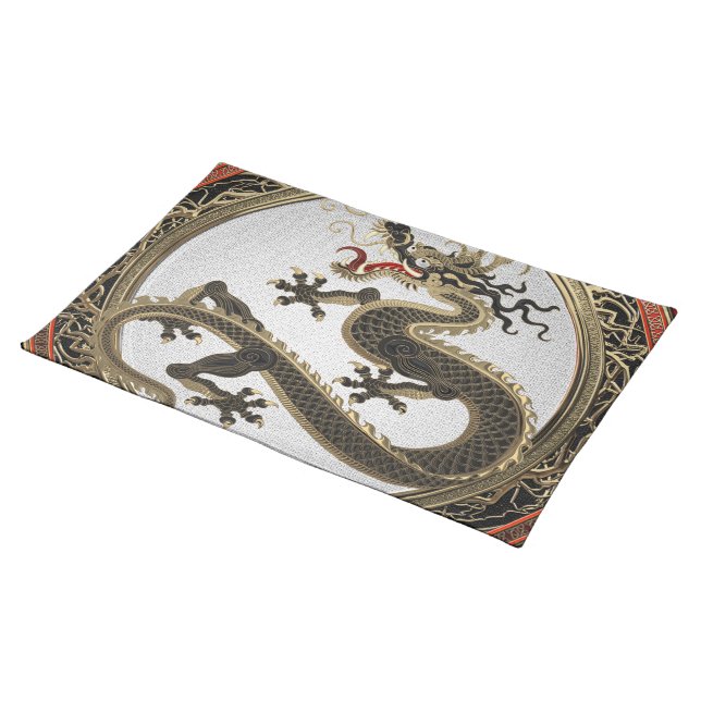[400] Black and Gold Sacred Eastern Dragon Cloth Placemat (On Table)
