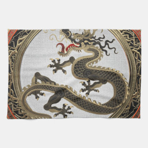 [400] Black and Gold Sacred Eastern Dragon Kitchen Towel