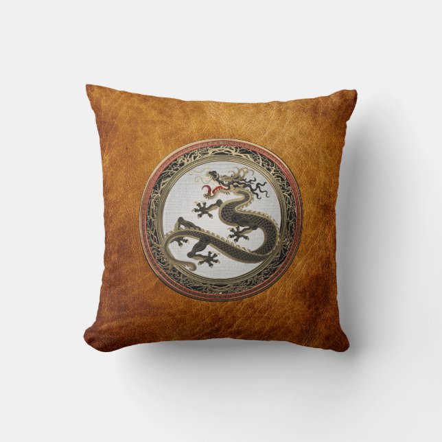 [400] Black and Gold Sacred Eastern Dragon Throw Pillow (Front)