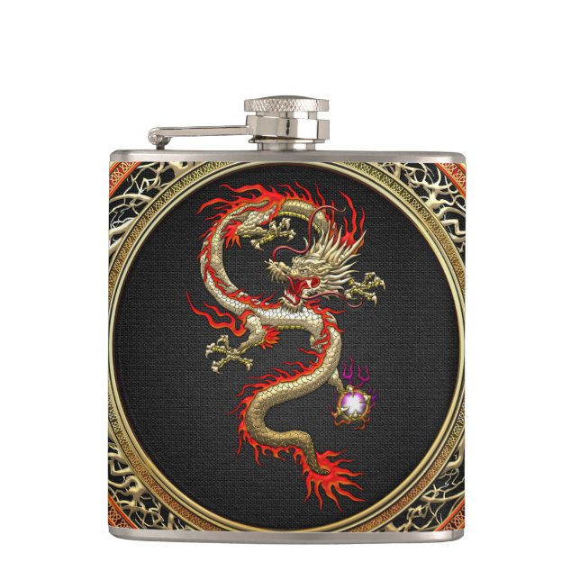[400] Golden Chinese Dragon Fucanglong Hip Flask (Front)