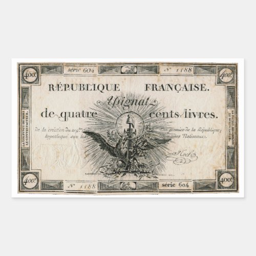 400 Livres French Revolution Assignat Bank Note Rectangular Sticker