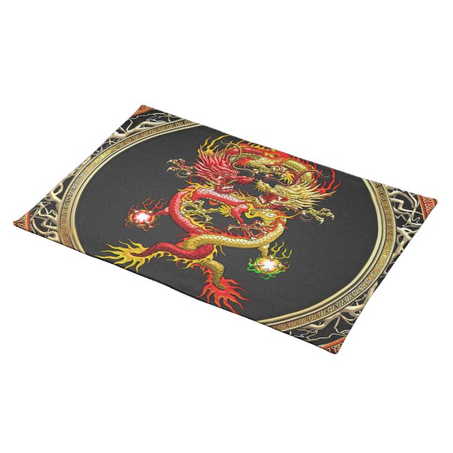 [400] Red and Yellow Dragons Cloth Placemat (On Table)