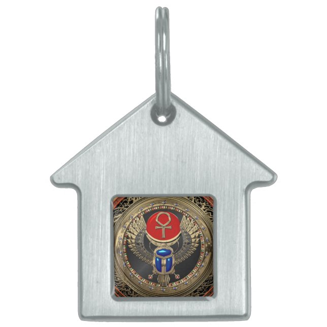 [400] Sacred Gold Egyptian Winged Scarab with Ankh Pet ID Tag (Front)
