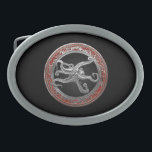 [400] Sacred Silver Octopus in Defensive Posture Belt Buckle<br><div class="desc">Introducing 'Treasure Trove' collection by Serge Averbukh, showcasing convergent media paintings inspired by modern and historical masterpieces, artifacts and other priceless treasures of human history. Here you will find pieces featuring a Sacred Silver Octopus in Defensive Posture. The octopus is a soft-bodied, eight-limbed mollusk of the order Octopoda. Around 300...</div>