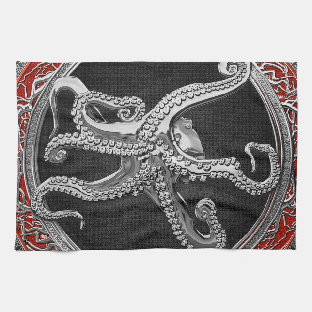 [400] Sacred Silver Octopus in Defensive Posture Kitchen Towel (Horizontal)