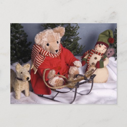 4019 Sledding Teddy Bear  Friends Christmas Holiday Postcard