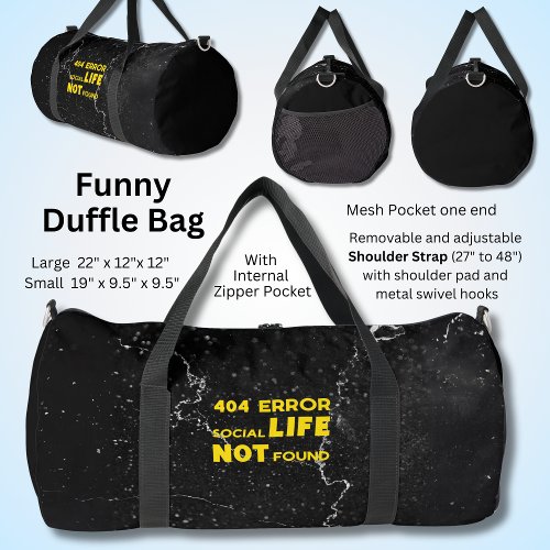 404 Error Social Life Not Found _ Funny  Duffle Bag