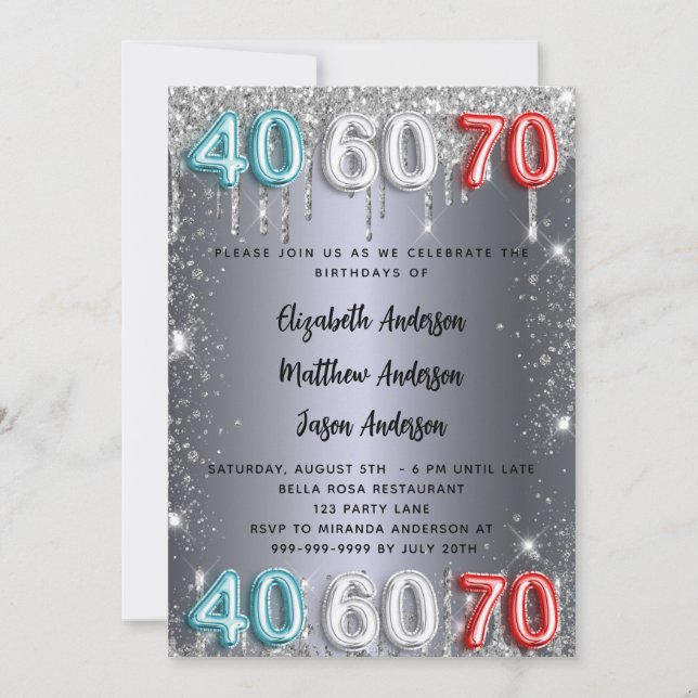 40 60 70th birthday silver glitter drips invitatio invitation (Front)